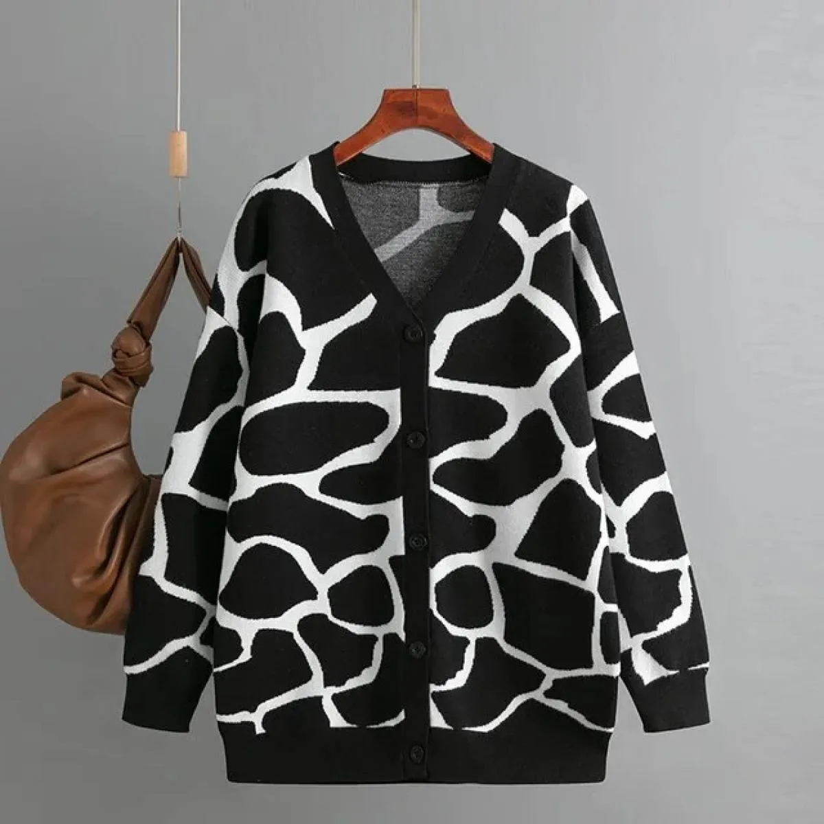 2023 nuove donne autunno inverno maglione jacquard scollo a V modello lungo cappotto allentato