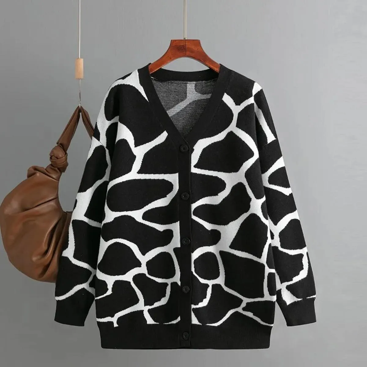 2023 nuove donne autunno inverno maglione jacquard scollo a V modello lungo cappotto allentato