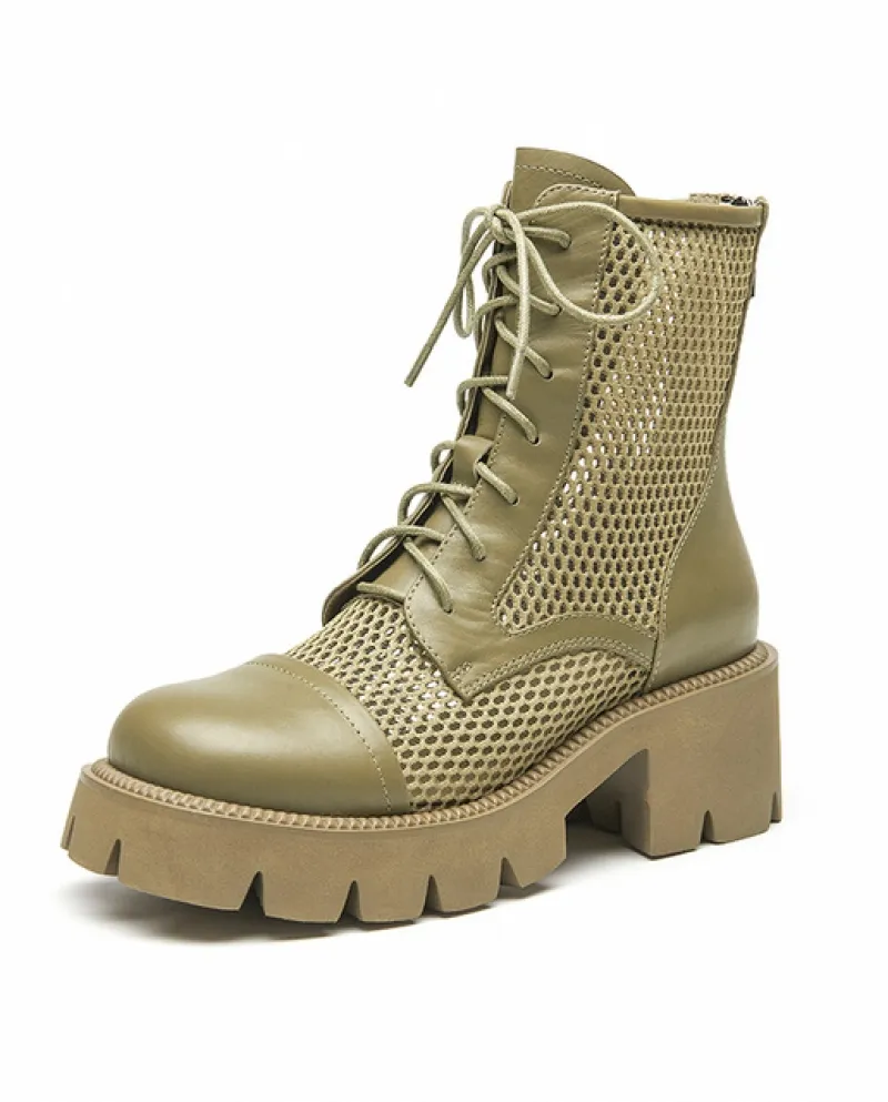 Beautoday Stivaletti con plateau Donna Pelle di vitello Mesh Punta tonda Estate Lace Up Suola frastagliata Scarpe femminili fatt
