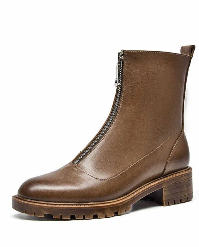 Beautoday Stivaletti Donna Vera Pelle di Mucca Punta Rotonda Anteriore Cerniera In Metallo Retro Scarpe Con Plateau Femminili Fa