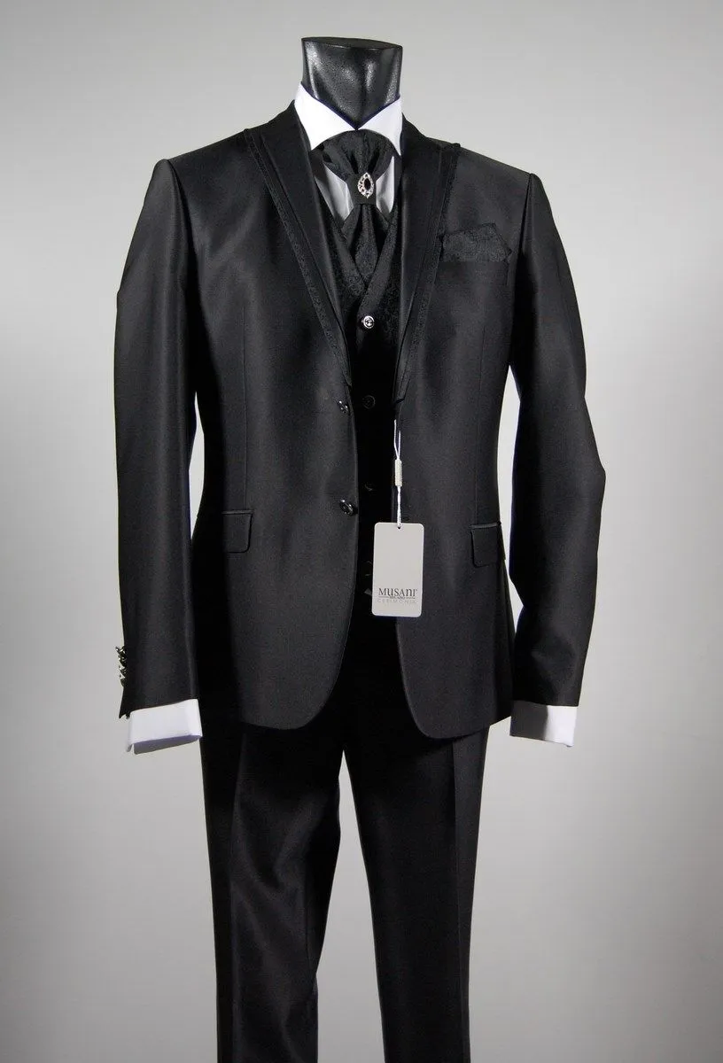 Black slim fit suit shirt tie and vest full musani milan