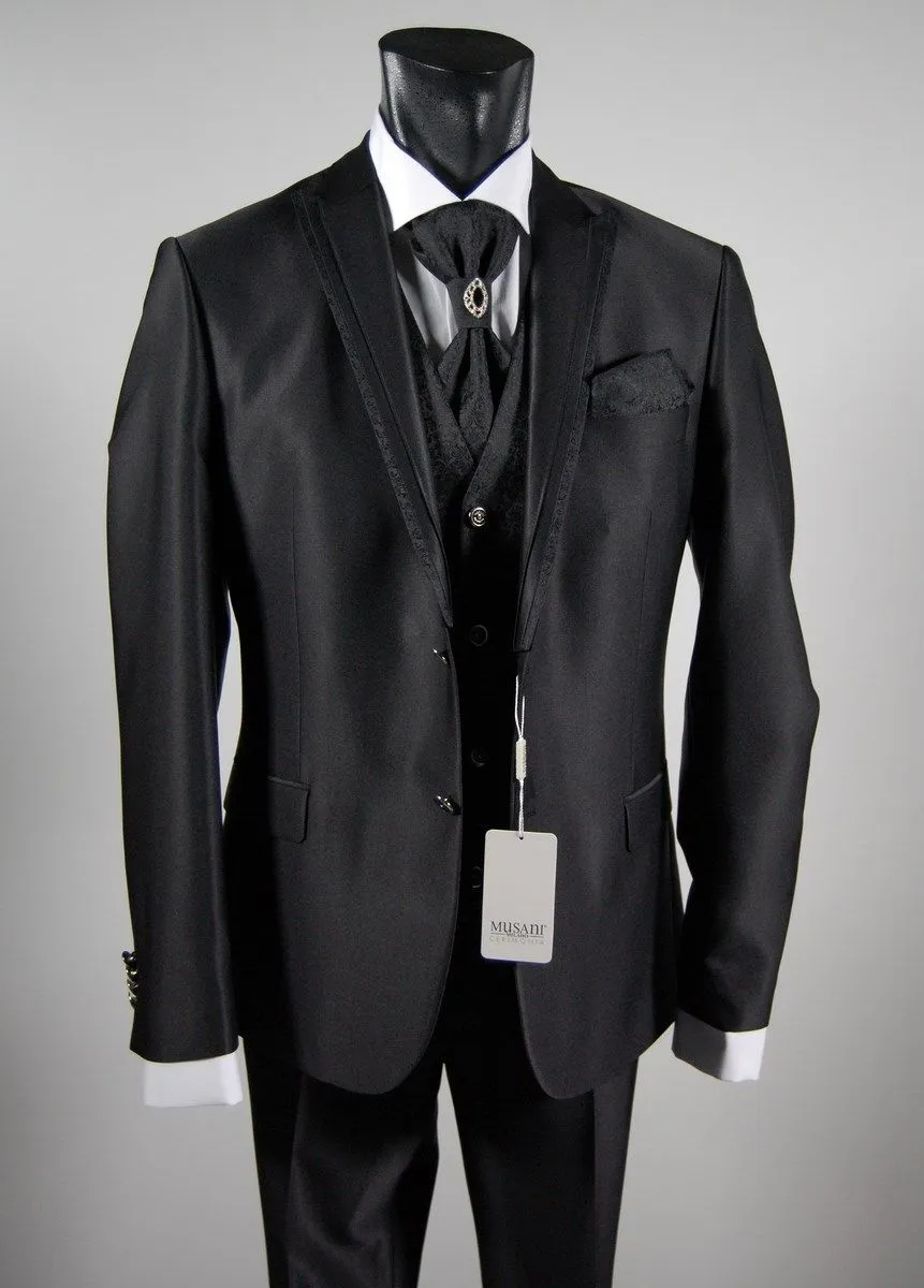 Black slim fit suit shirt tie and vest full musani milan