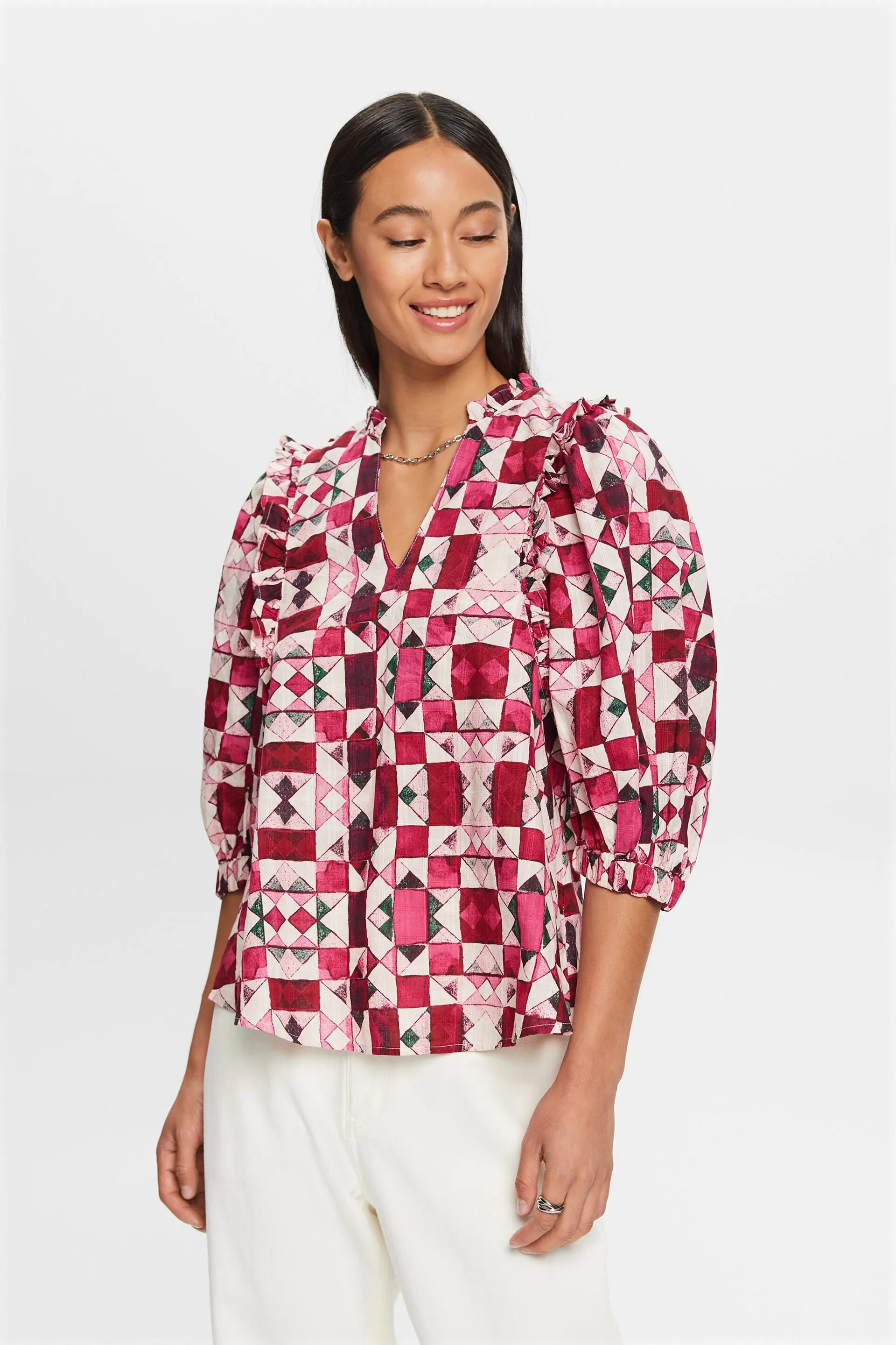 Blusa in tessuto dobby di cotone con arricciature