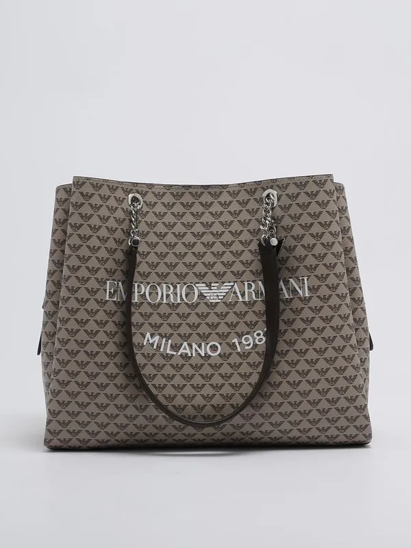 Borsa donna Emporio Armani in simil pelle con stampa e charm Eagle Ecrù-Moro-Bianco