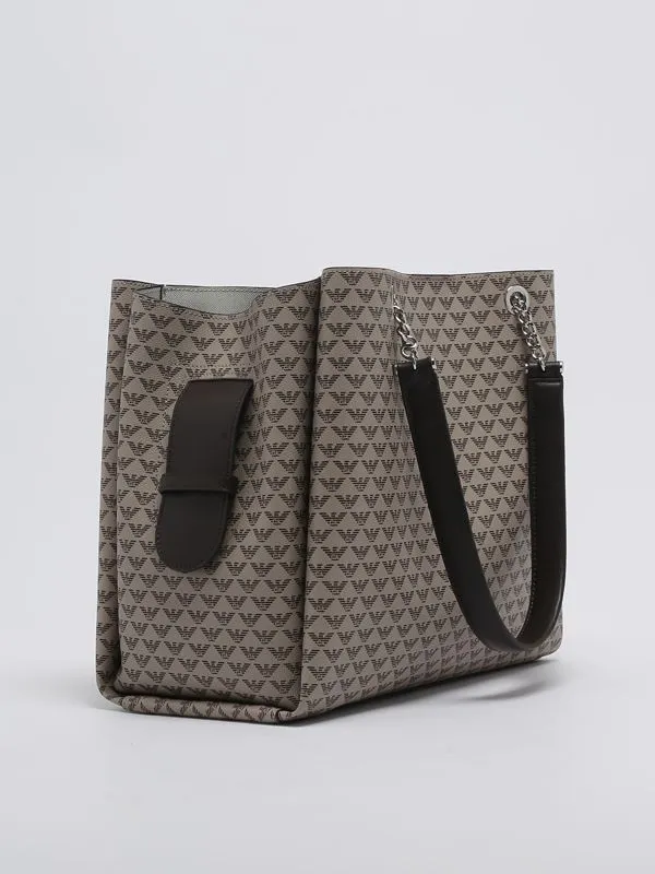 Borsa donna Emporio Armani in simil pelle con stampa e charm Eagle Ecrù-Moro-Bianco