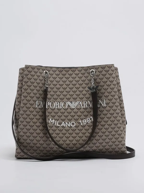 Borsa donna Emporio Armani in simil pelle con stampa e charm Eagle Ecrù-Moro-Bianco