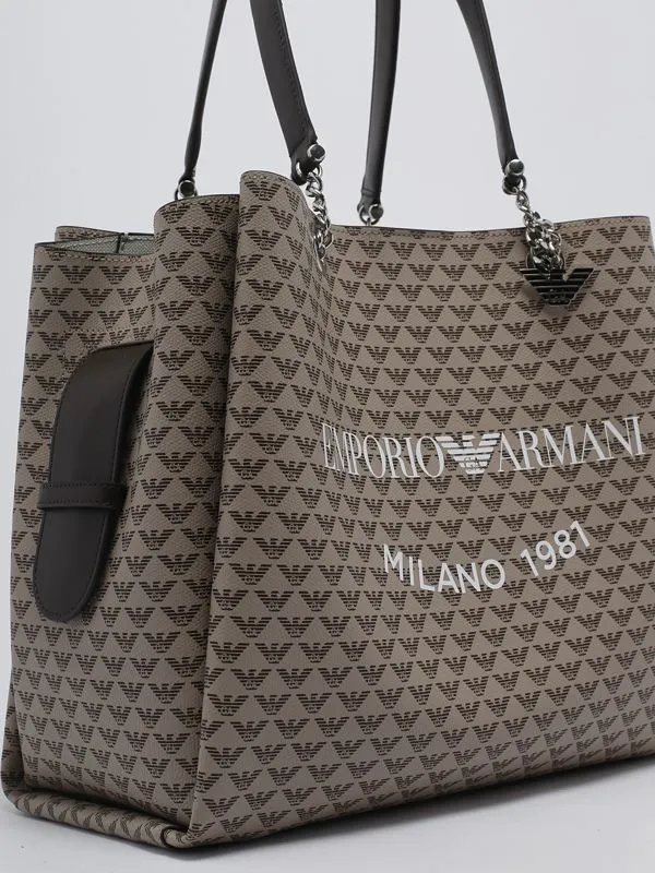 Borsa donna Emporio Armani in simil pelle con stampa e charm Eagle Ecrù-Moro-Bianco