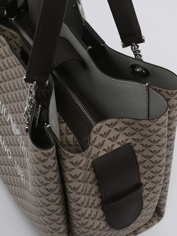 Borsa donna Emporio Armani in simil pelle con stampa e charm Eagle Ecrù-Moro-Bianco