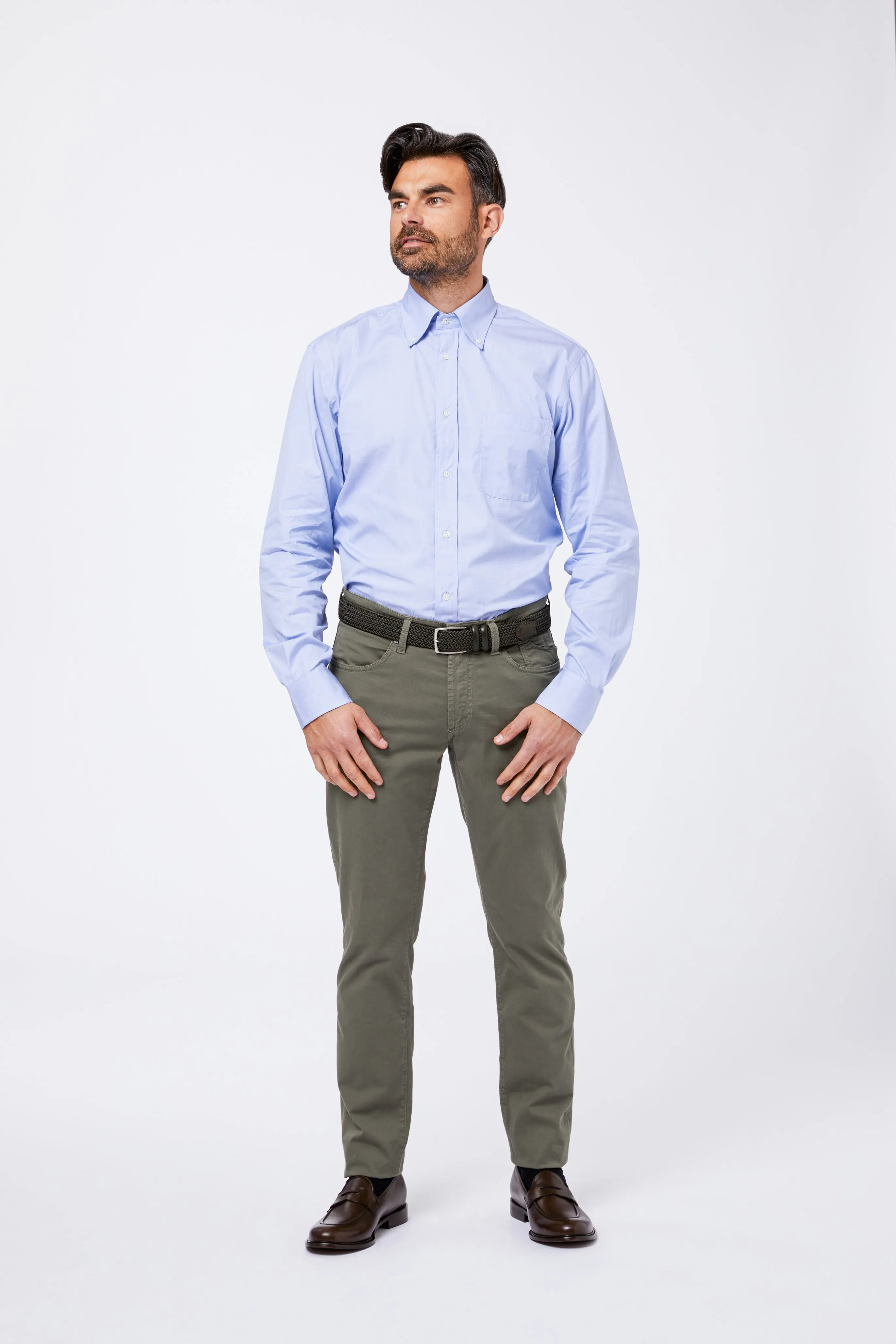 Camicia Azzurra Cotone Fil a Fil Collo Button Down