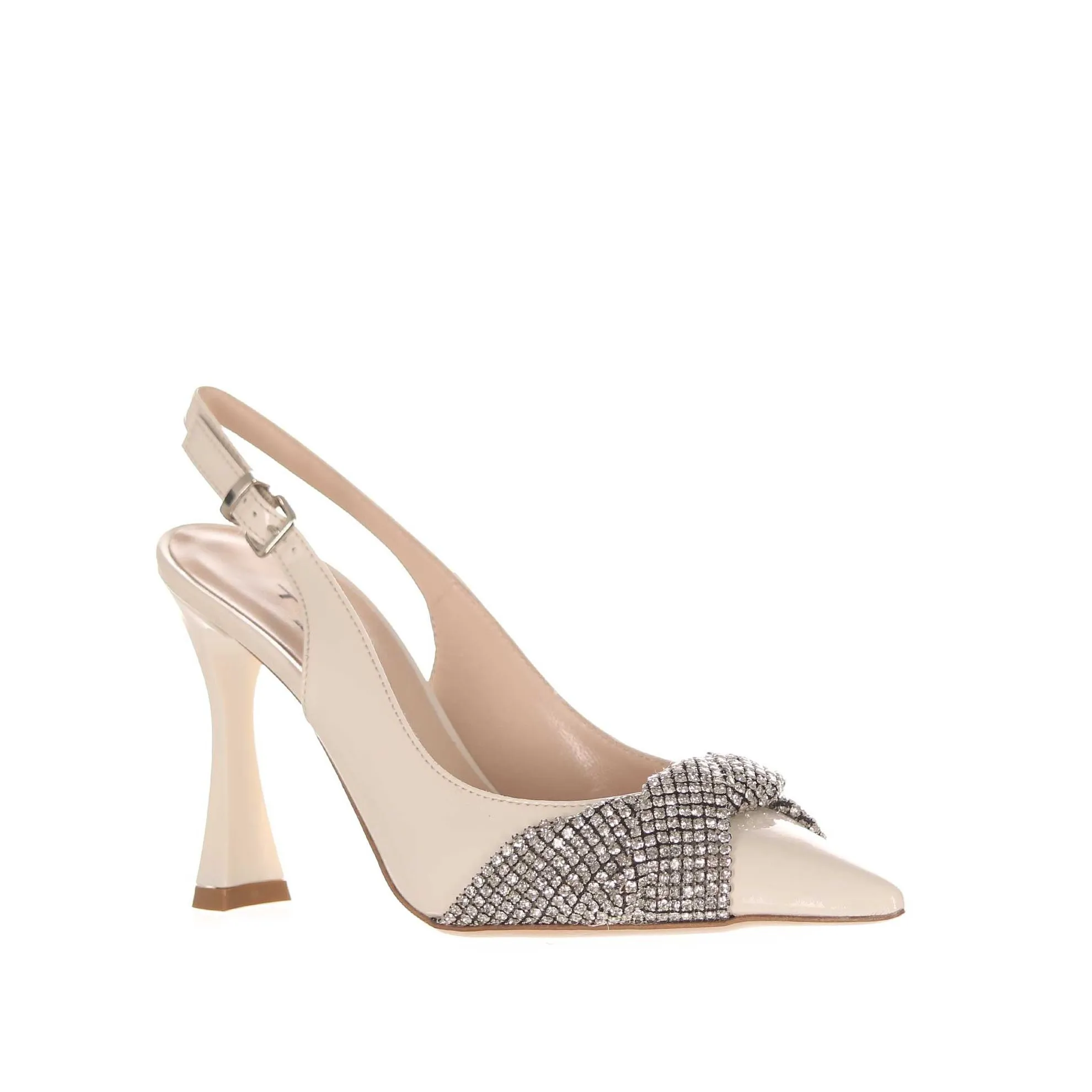 Décolleté slingback in vernice con fiocco strass