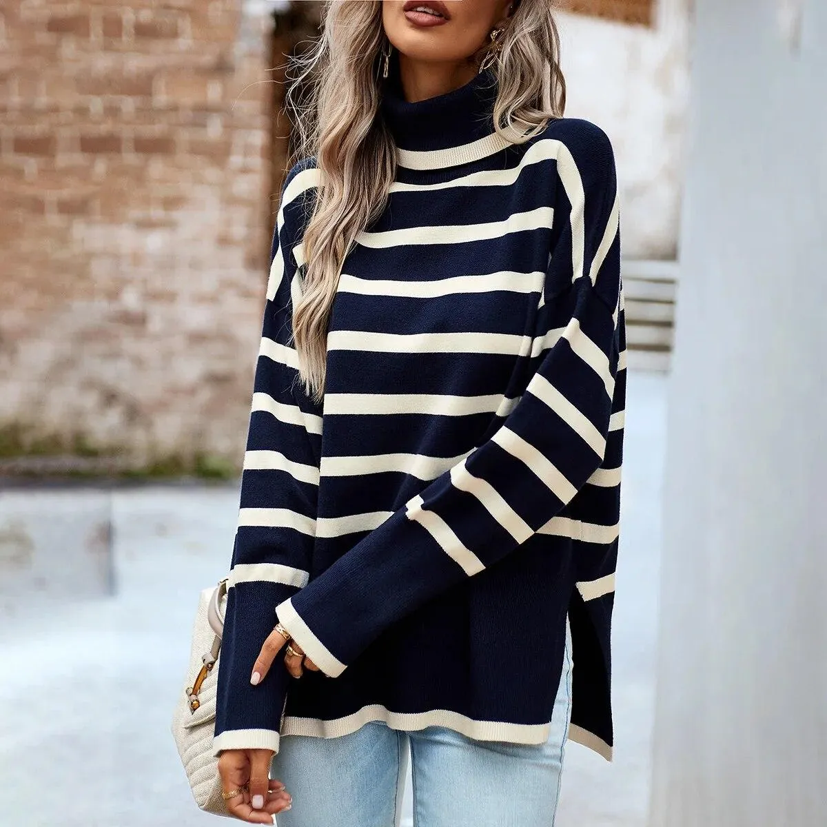 Dolcevita a righe da donna 2023 autunno inverno top pullover maglioni maglione nuova moda