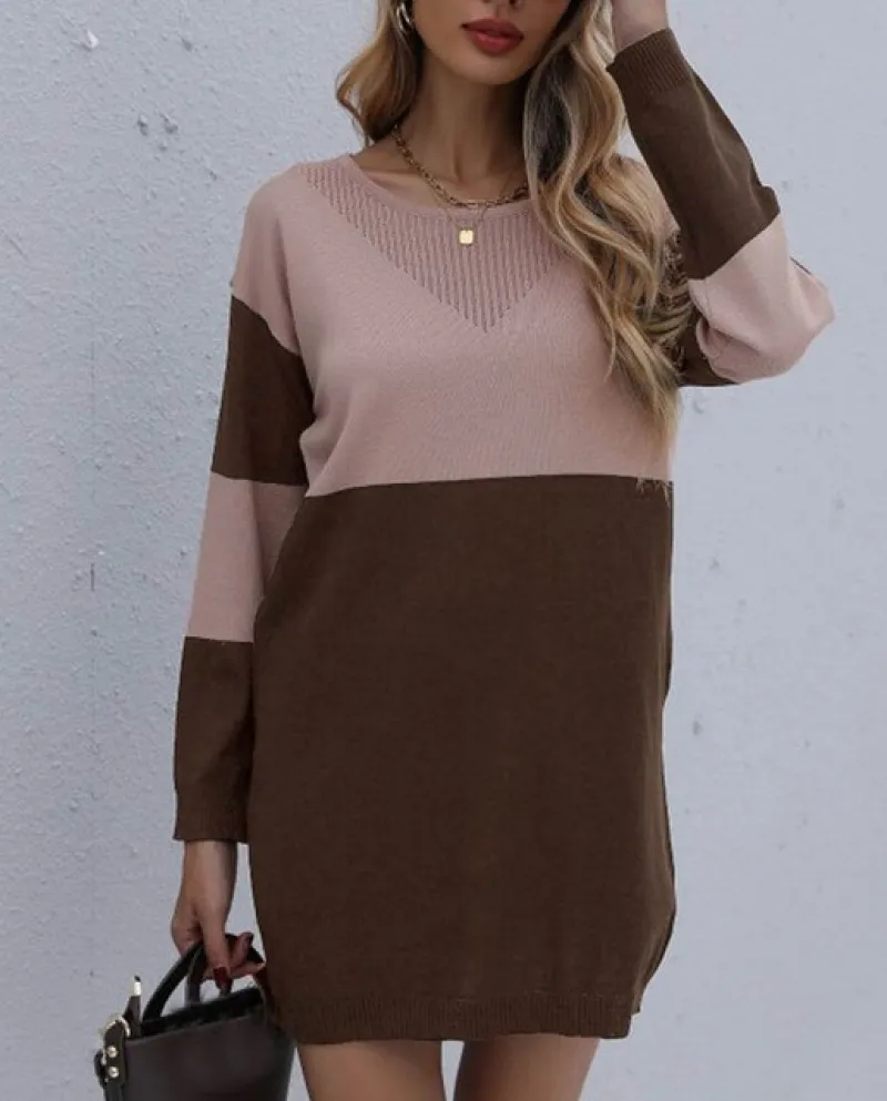 Donne AutunnoInverno Maglia Girocollo Colorblock Maglione Abito Abiti In Maglia Per Le Donne Inverno