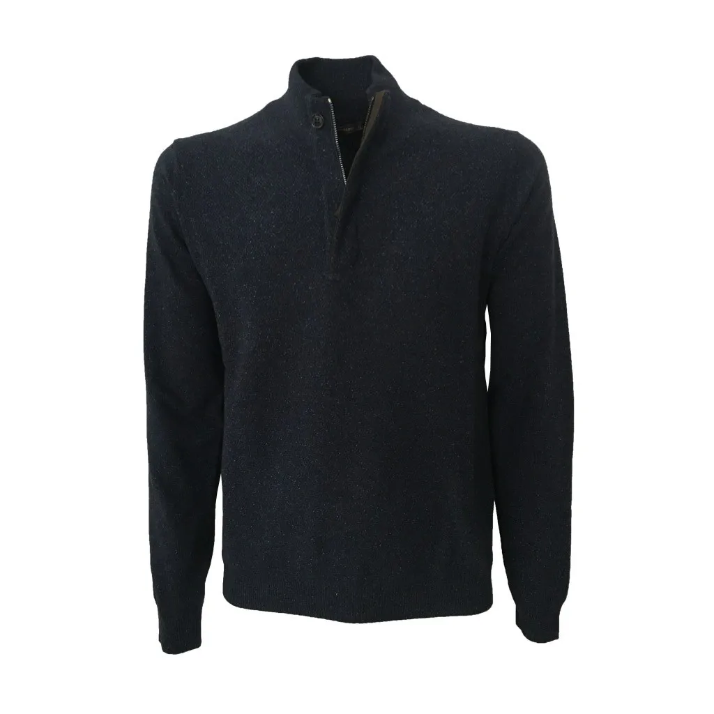 FERRANTE maglia uomo blu mélange lana/seta dettagli alcantara moro e toppe MADE IN ITALY