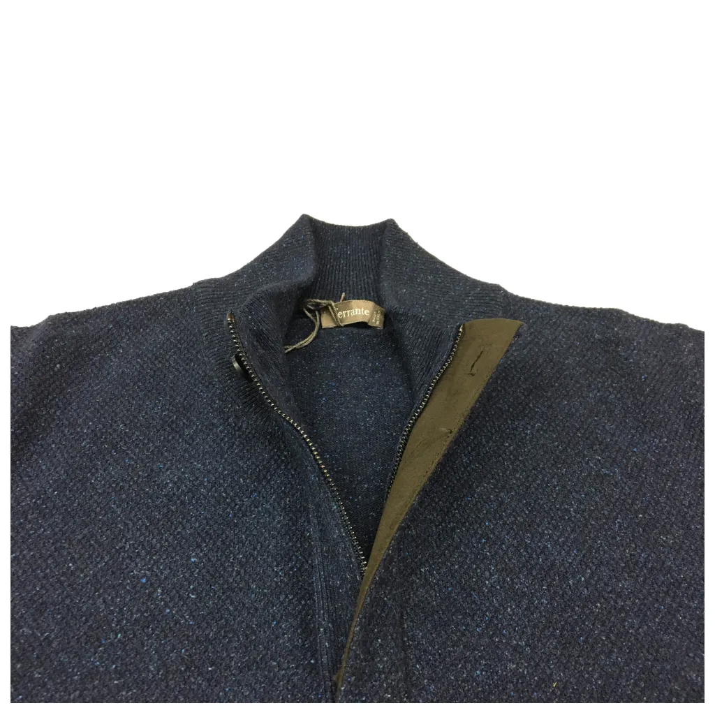 FERRANTE maglia uomo blu mélange lana/seta dettagli alcantara moro e toppe MADE IN ITALY