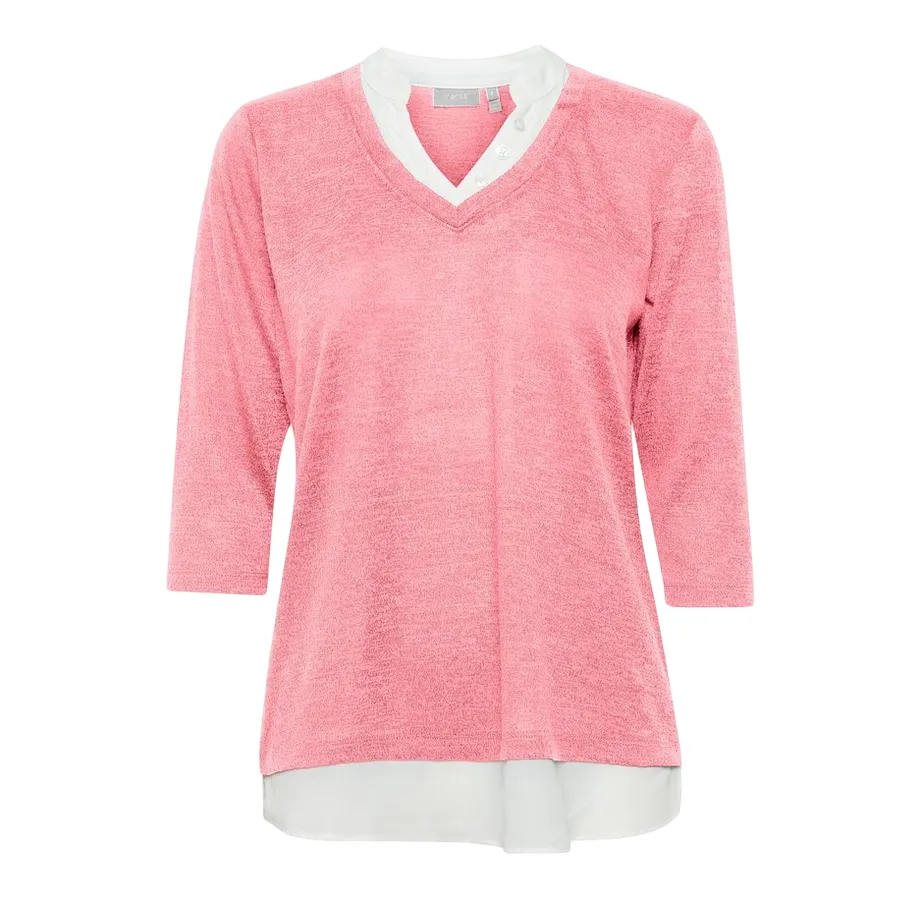 Fransa Women's knitted sweater with V-neck and 3/4 sleeves 20611398 1719301 camellia rose