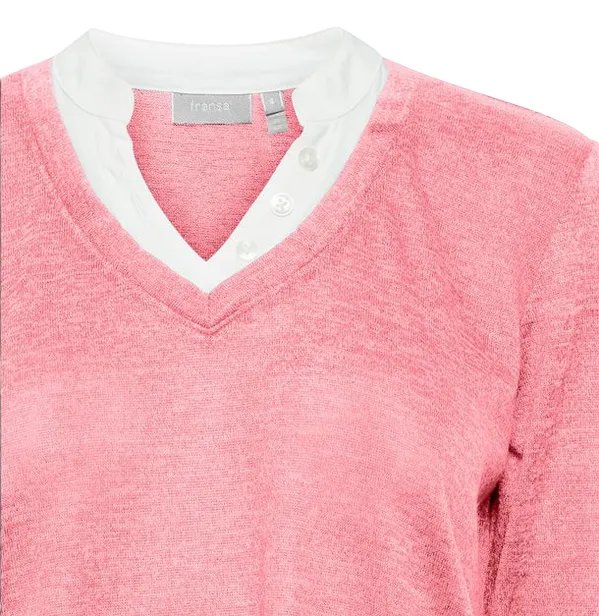 Fransa Women's knitted sweater with V-neck and 3/4 sleeves 20611398 1719301 camellia rose