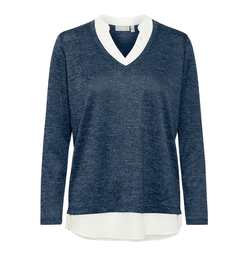 Fransa women's V-neck sweater with collar and bottom shirt Frrexan 20610799 1939231 blue