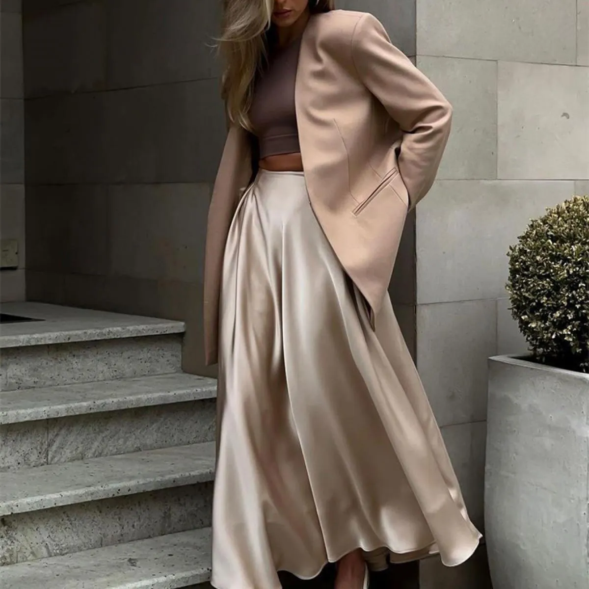 Gonna maxi solida a vita alta in raso per donna Elegante abito da festa sottile Gonna lunga Moda allentata Estate High Str