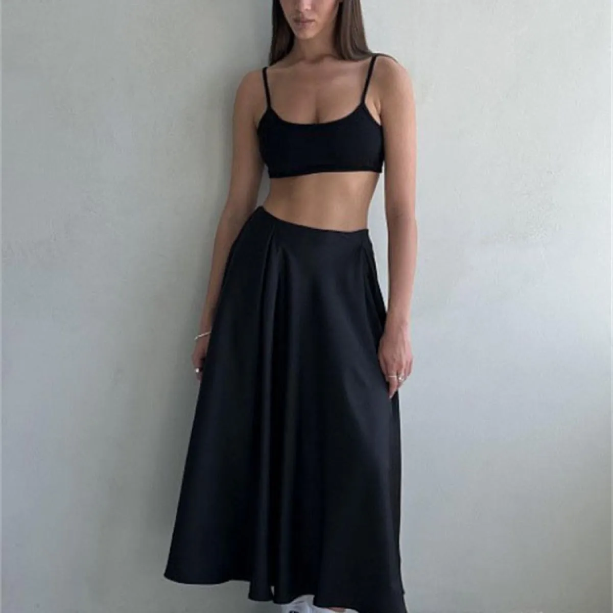 Gonna maxi solida a vita alta in raso per donna Elegante abito da festa sottile Gonna lunga Moda allentata Estate High Str