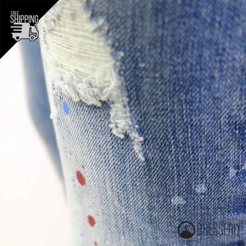 Jeans Uomo Pantalone Elasticizzato con Strappi e schizzi di Vernice Dresserd