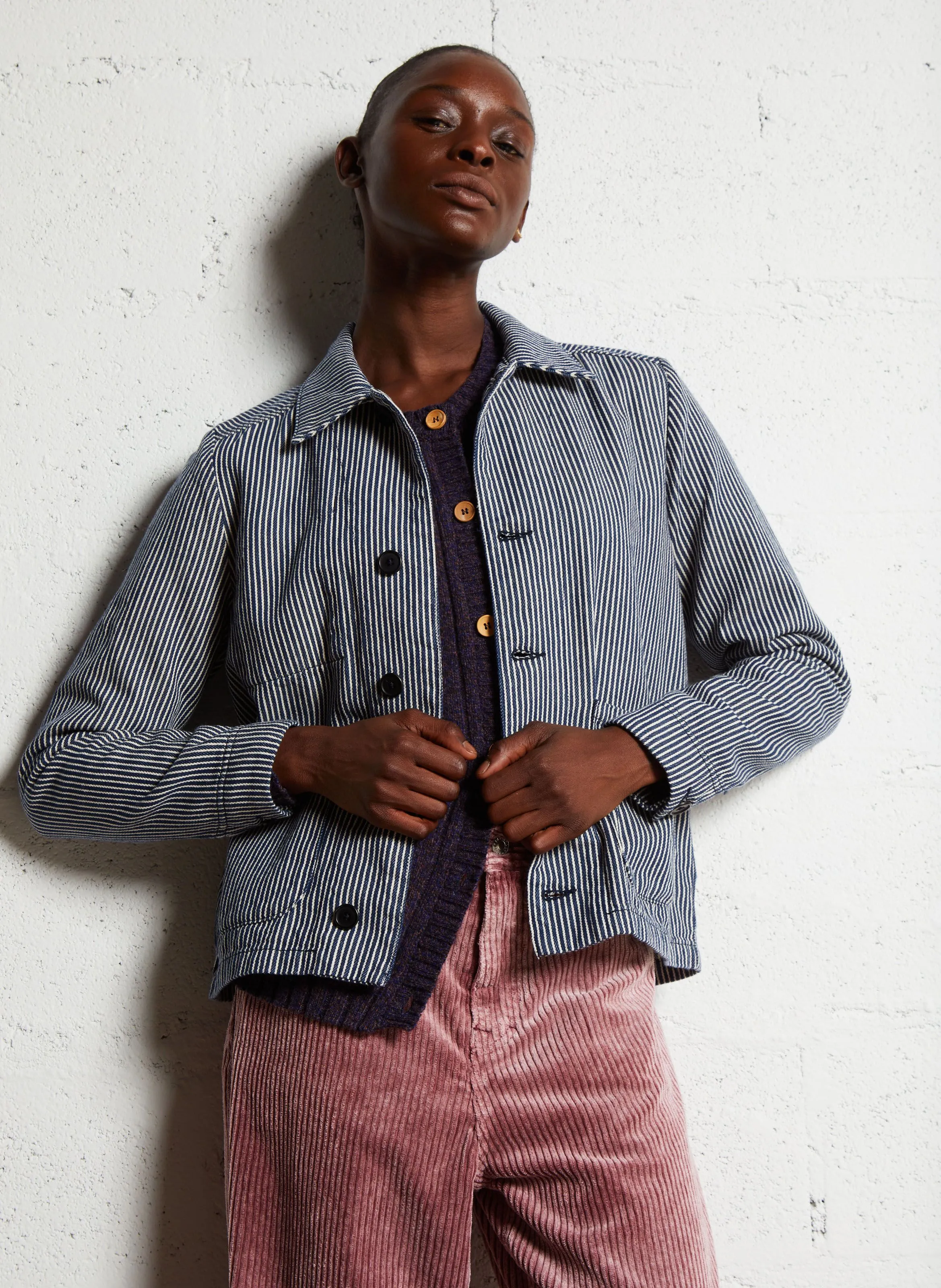  LEON & HARPER   VARDA - Giacca in denim dritta con collo classico in cotone | Beige