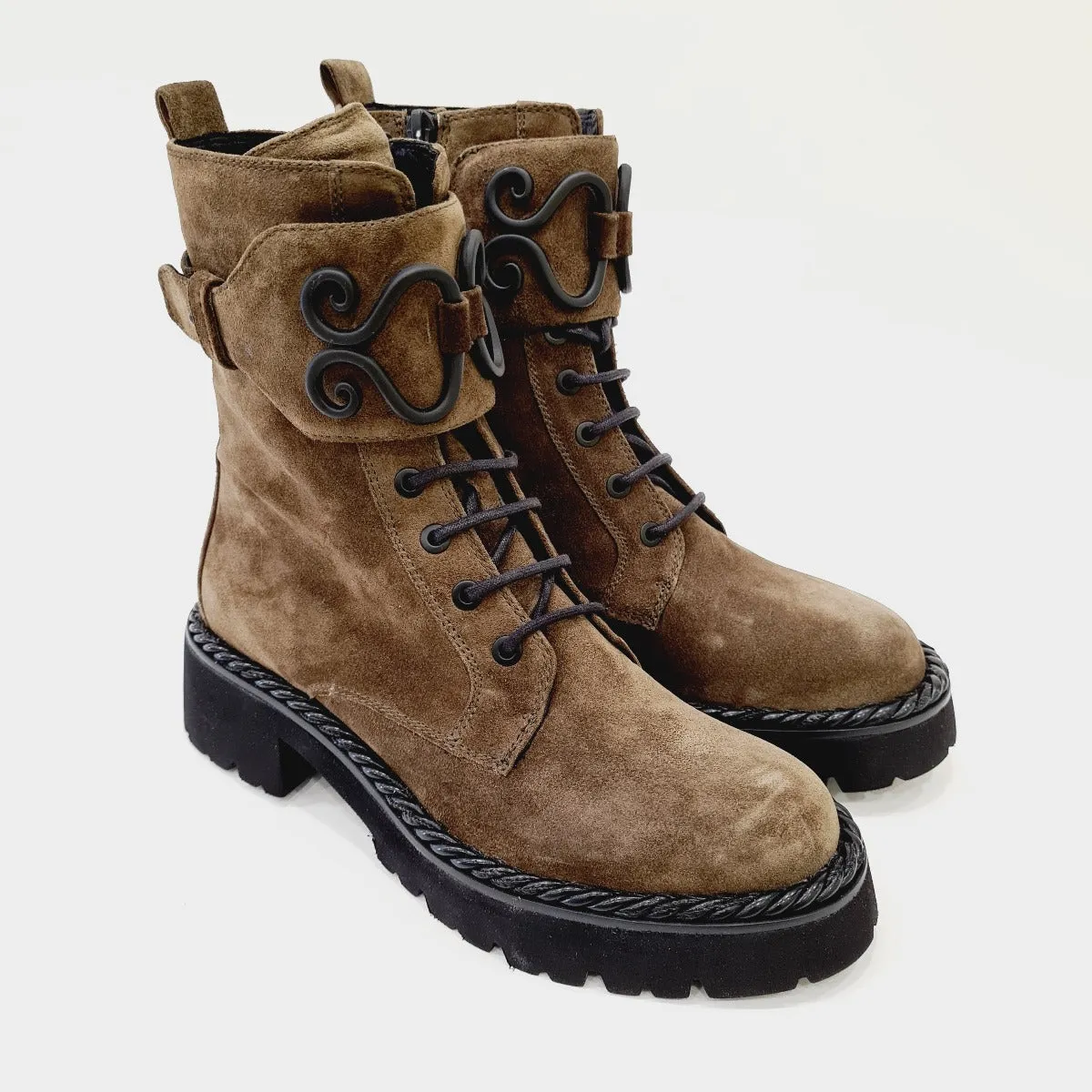 Les Poèmes stivaletto anfibio fondo gomma tacco alto alto 5 cm camoscio olive rif.734