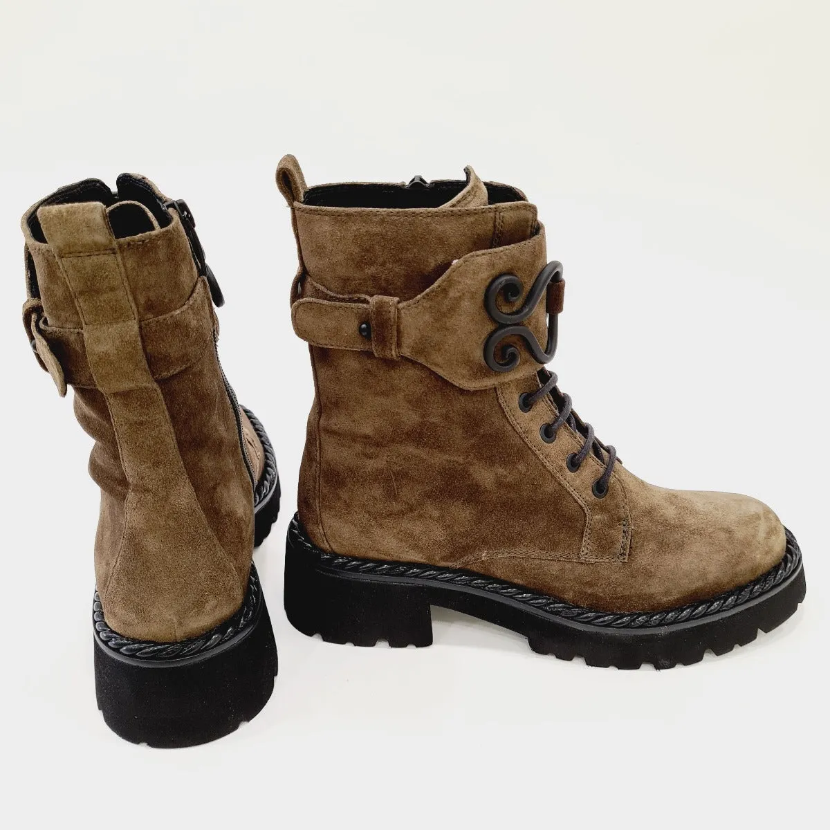 Les Poèmes stivaletto anfibio fondo gomma tacco alto alto 5 cm camoscio olive rif.734
