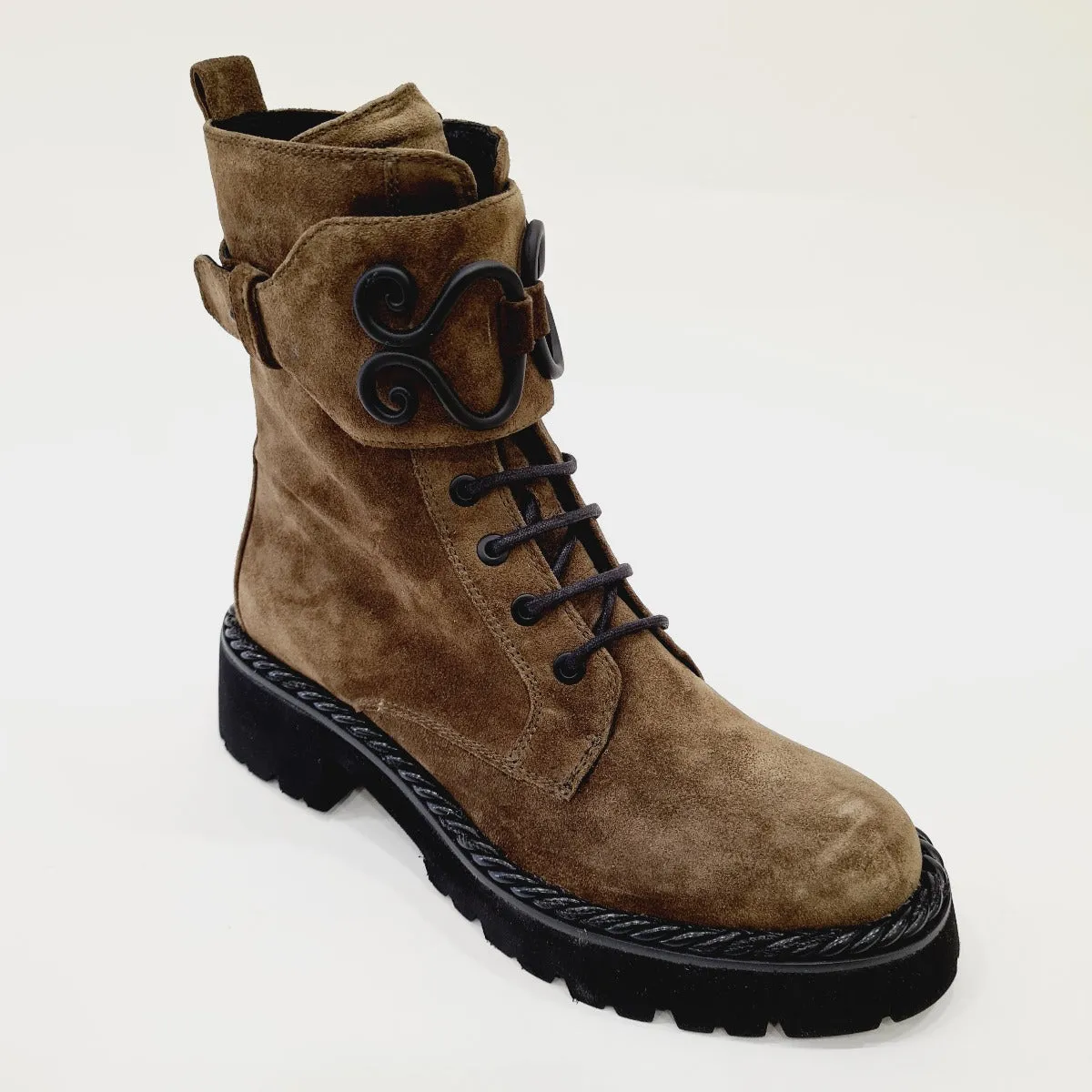 Les Poèmes stivaletto anfibio fondo gomma tacco alto alto 5 cm camoscio olive rif.734
