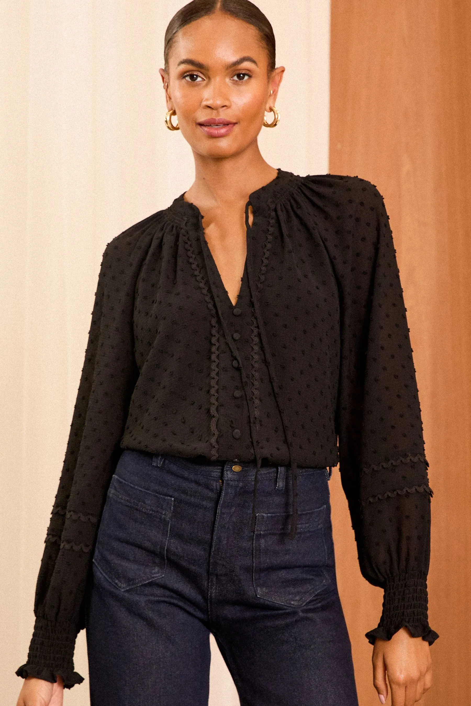 Love & Roses Tie Neck Dobby Blouse    