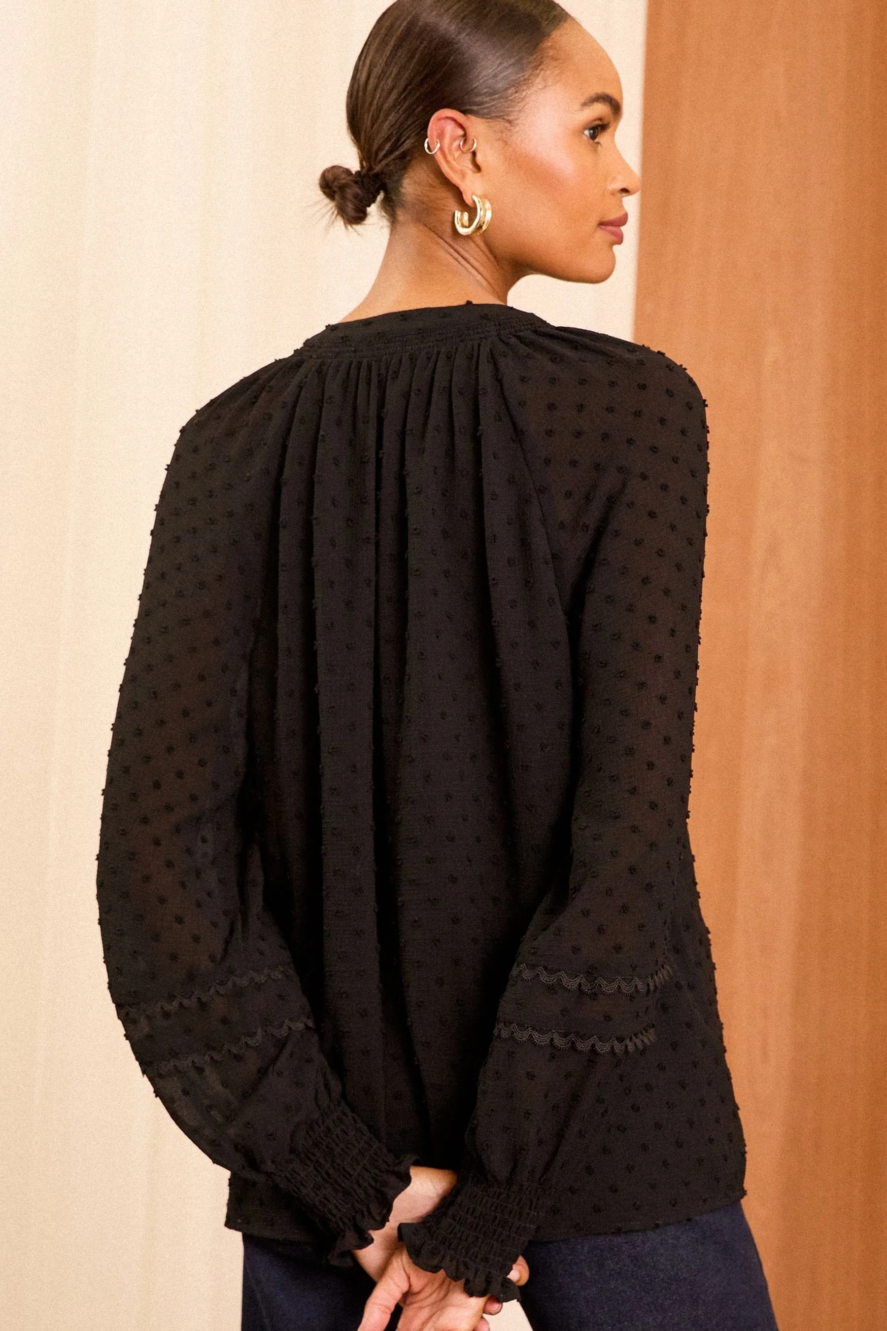 Love & Roses Tie Neck Dobby Blouse    