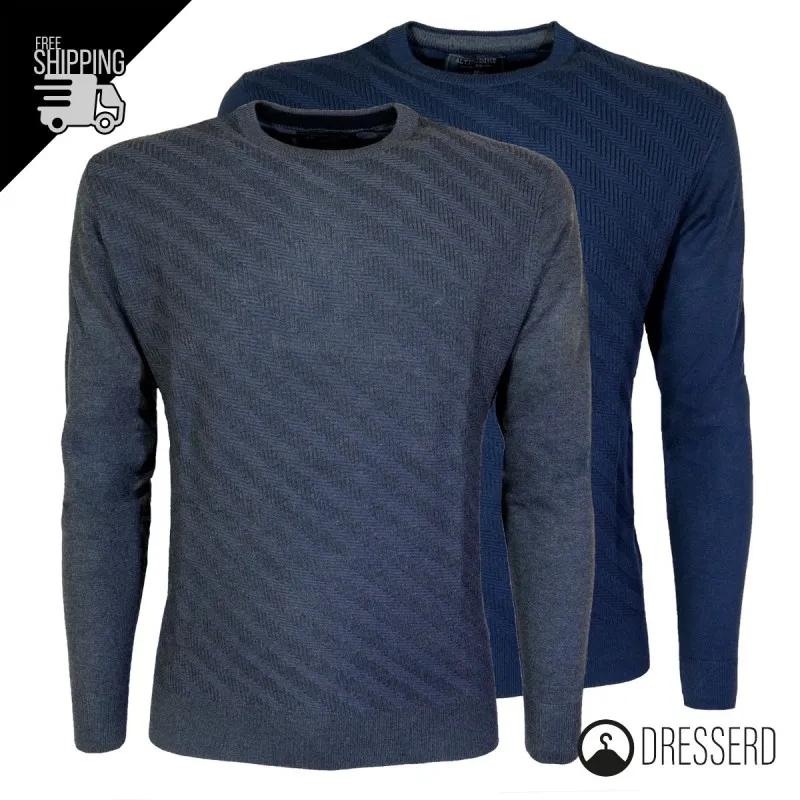 Maglia da uomo girocollo maglioncino viscosa con trama lavorata Grigio e Blu, Maglione Dresserd