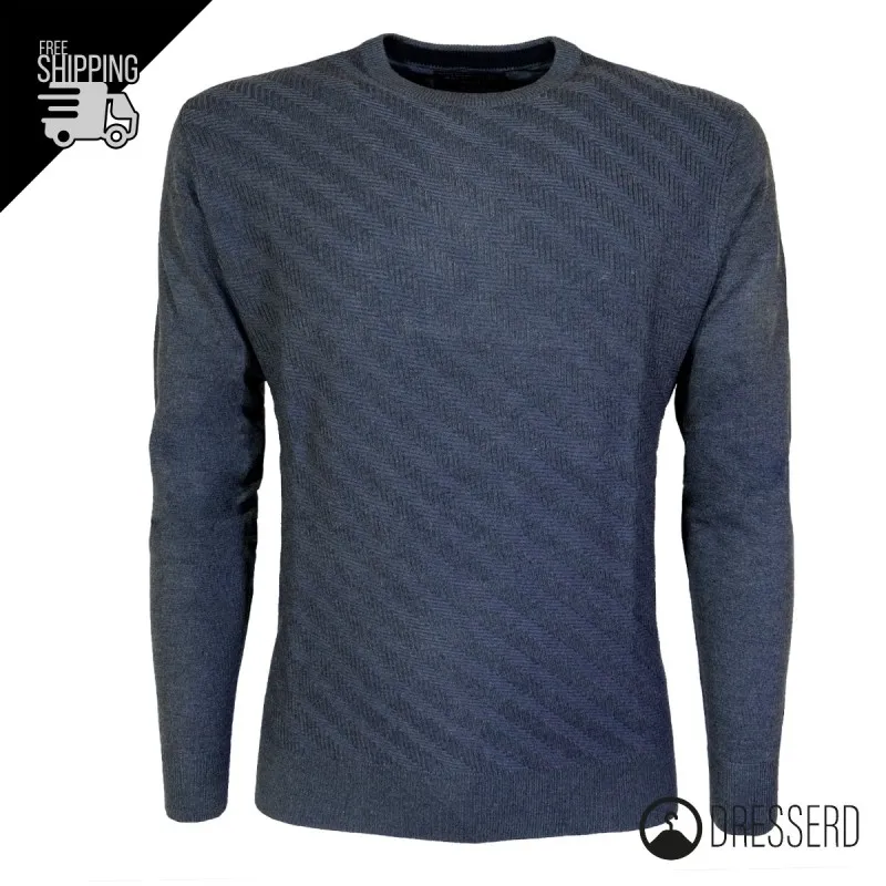 Maglia da uomo girocollo maglioncino viscosa con trama lavorata Grigio e Blu, Maglione Dresserd