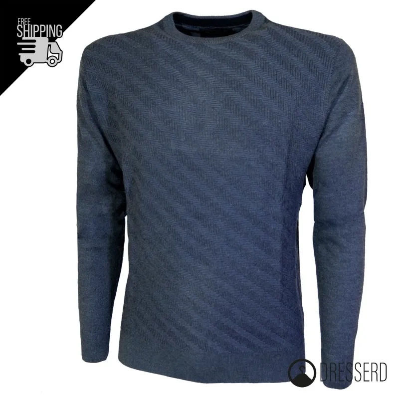 Maglia da uomo girocollo maglioncino viscosa con trama lavorata Grigio e Blu, Maglione Dresserd