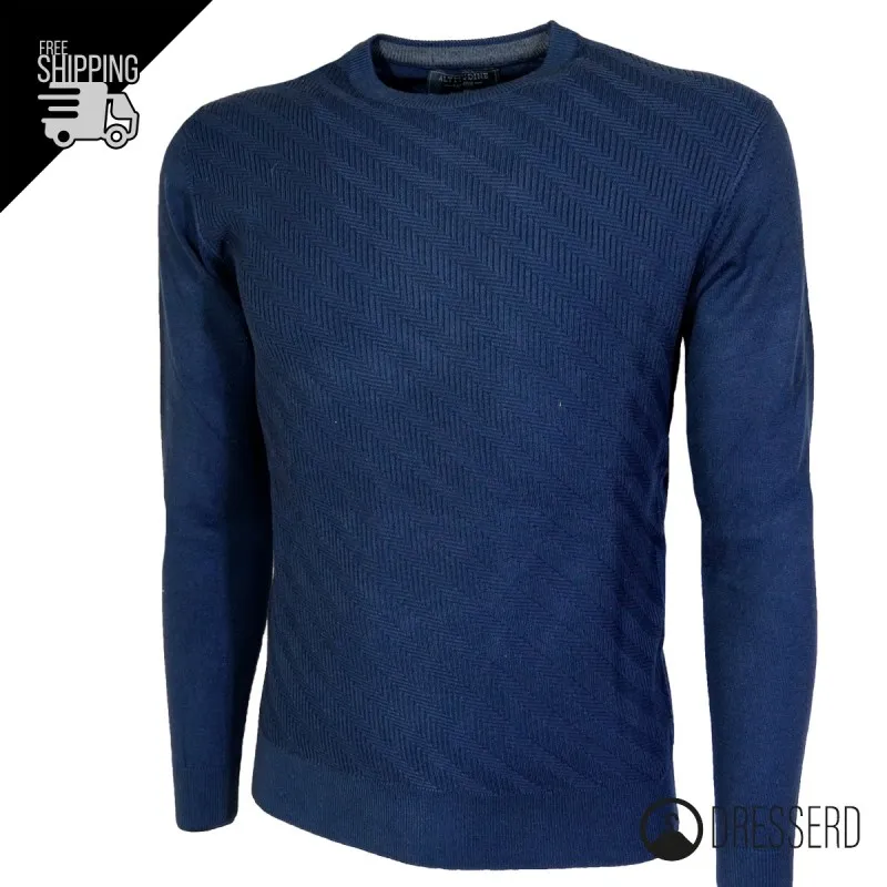 Maglia da uomo girocollo maglioncino viscosa con trama lavorata Grigio e Blu, Maglione Dresserd