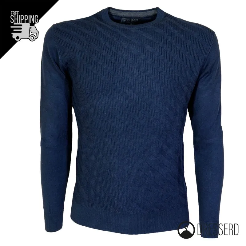 Maglia da uomo girocollo maglioncino viscosa con trama lavorata Grigio e Blu, Maglione Dresserd