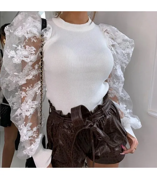 Maglia maniche a sbuffo pizzo rose