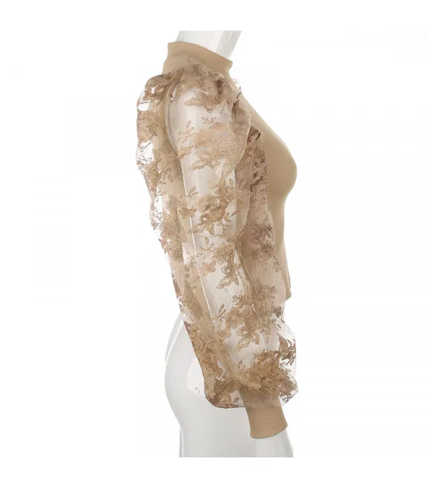 Maglia maniche a sbuffo pizzo rose