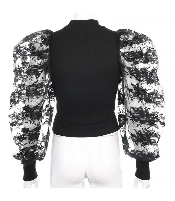 Maglia maniche a sbuffo pizzo rose