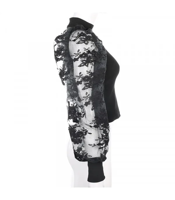 Maglia maniche a sbuffo pizzo rose