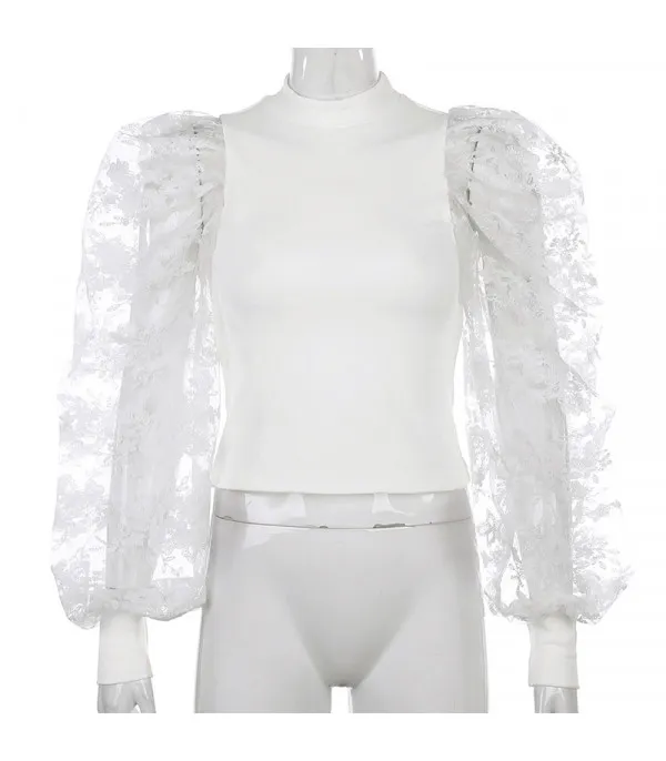 Maglia maniche a sbuffo pizzo rose