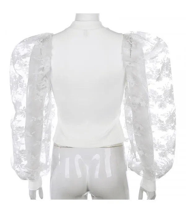 Maglia maniche a sbuffo pizzo rose