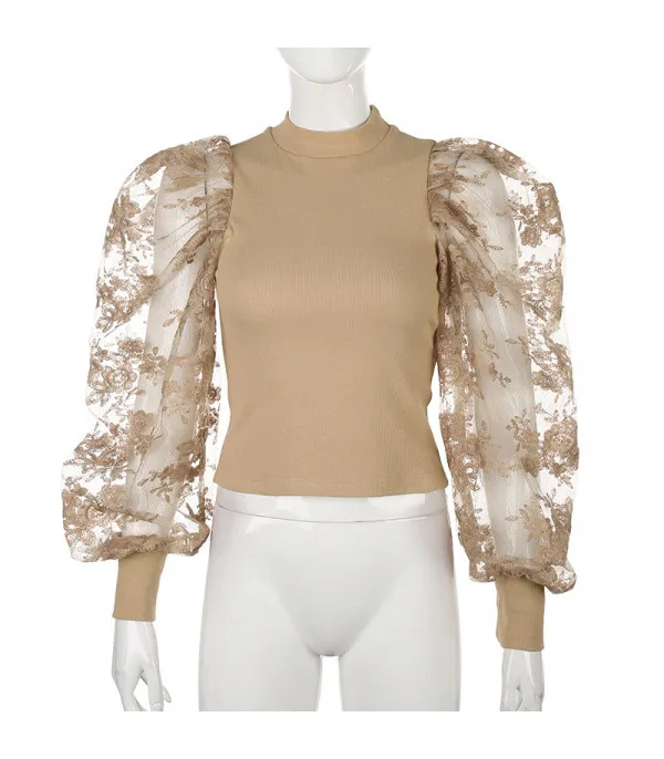 Maglia maniche a sbuffo pizzo rose