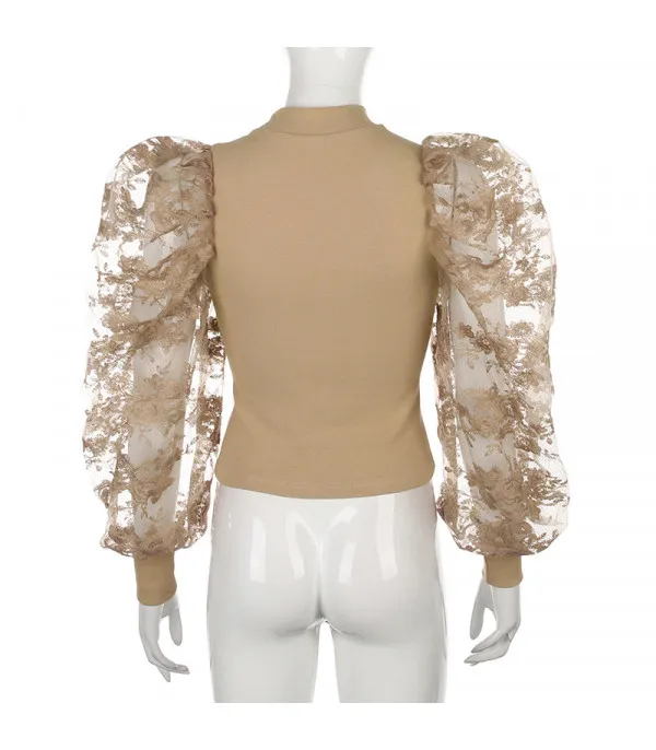 Maglia maniche a sbuffo pizzo rose