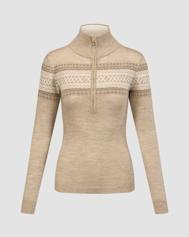 Maglione a collo alto beige in lana con cerniera da donna We Norwegians Signature
