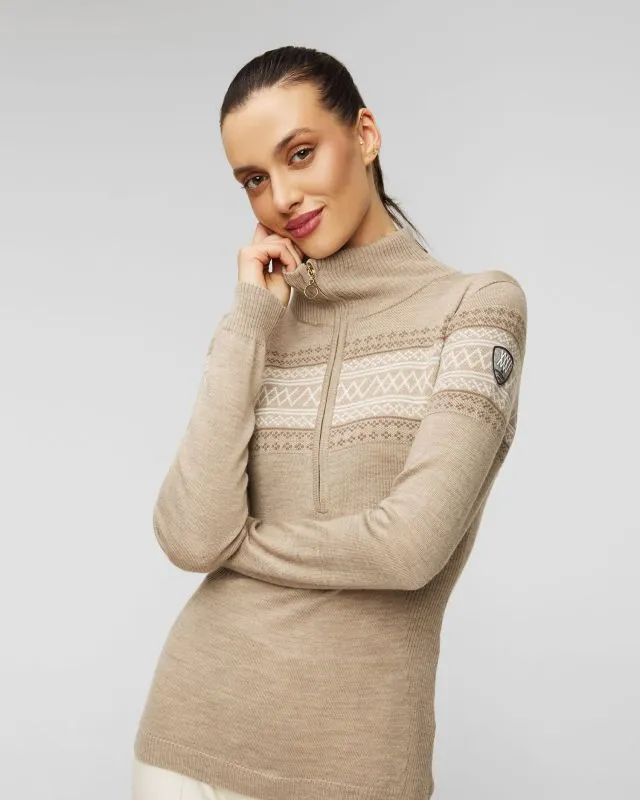 Maglione a collo alto beige in lana con cerniera da donna We Norwegians Signature