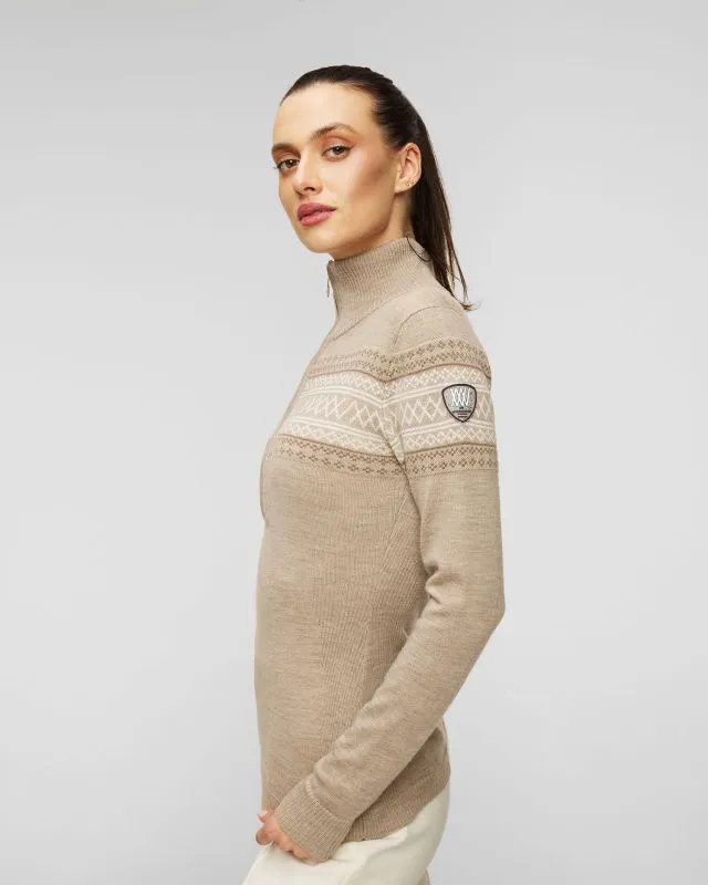 Maglione a collo alto beige in lana con cerniera da donna We Norwegians Signature