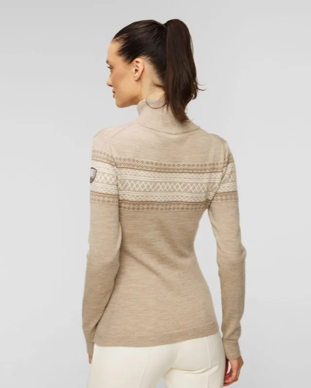 Maglione a collo alto beige in lana con cerniera da donna We Norwegians Signature