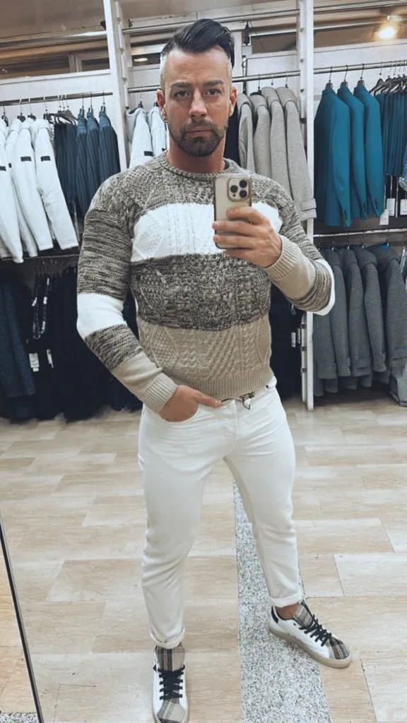 Maglione IMPERIAL girocollo con ricami e doppia treccia frontale a righe Panna/Beige **esauriti**