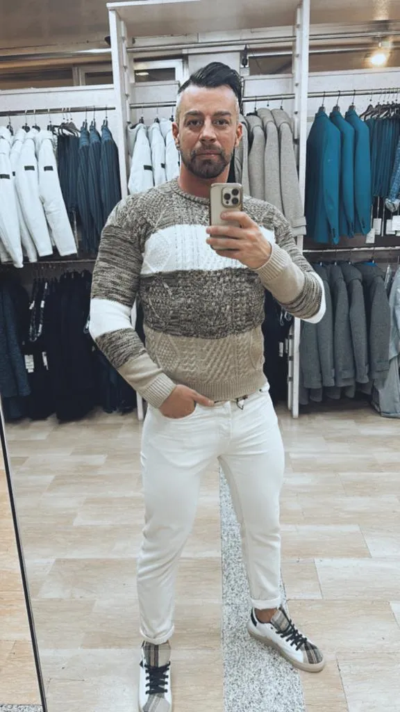 Maglione IMPERIAL girocollo con ricami e doppia treccia frontale a righe Panna/Beige **esauriti**