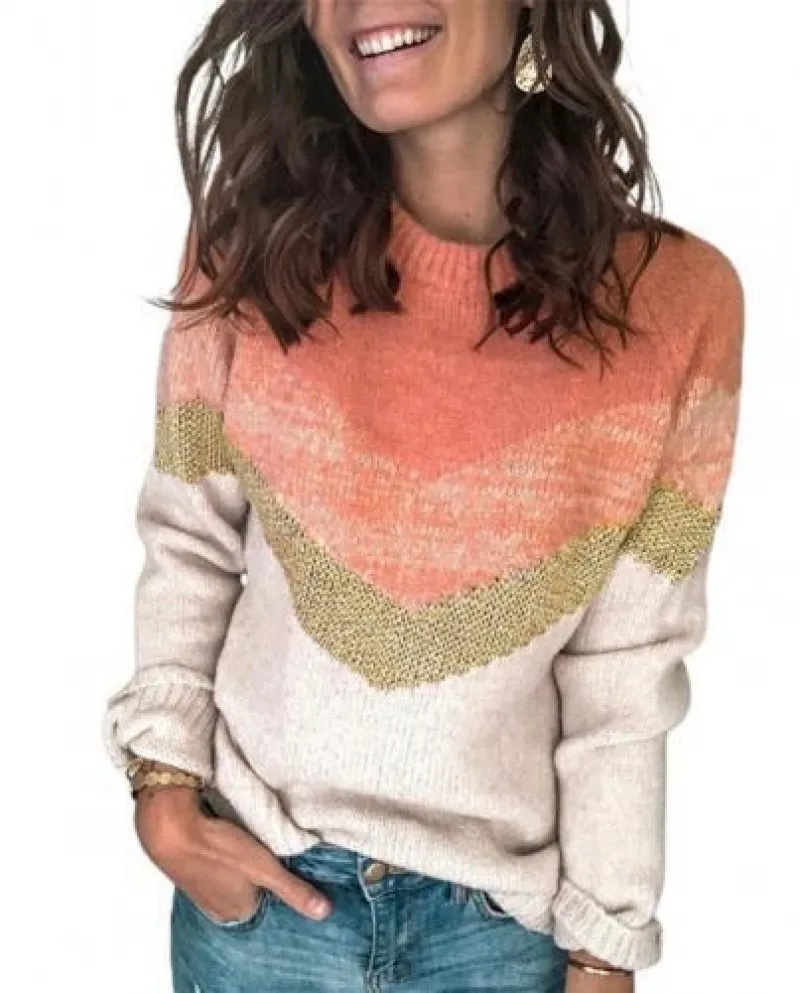 Maglione lavorato a maglia a maniche lunghe da donna, vestibilità ampia, maglieria a righe, patchwork